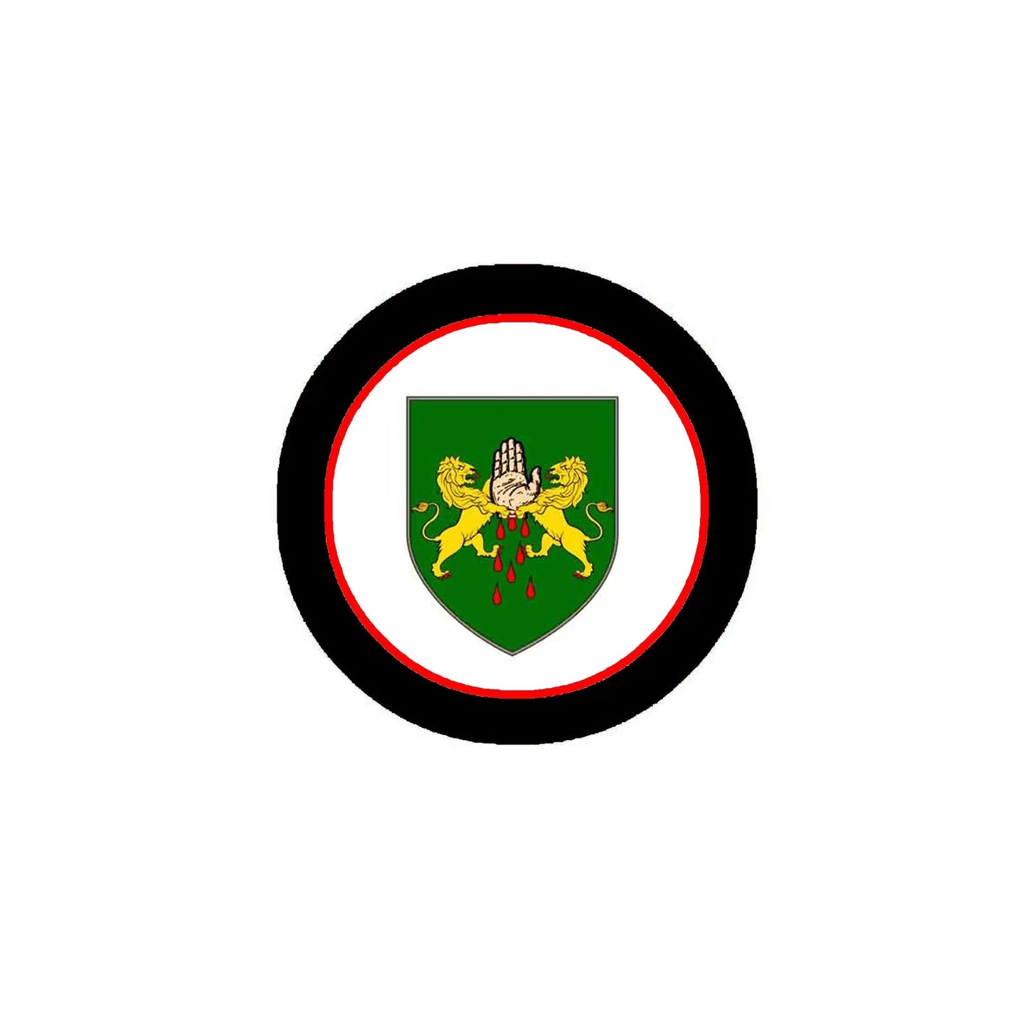Round coat-of-arms crest magnet with green shield, gold lion, black border, red ring