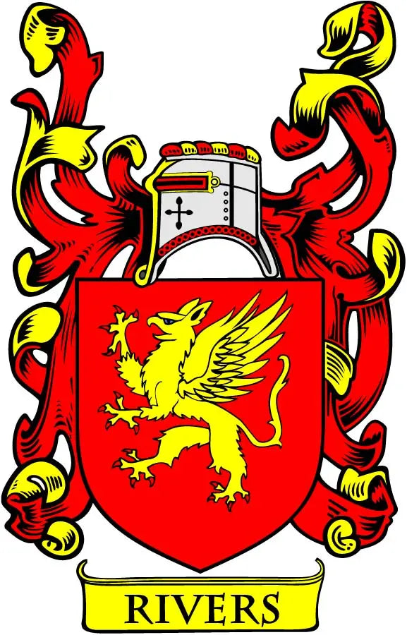 Red family crest coat of arms magnet with lion and banner reading RIVERS