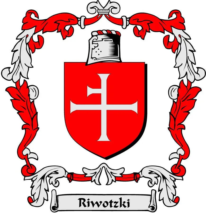 Family crest arms magnet: red shield with white cross, ribbons and crest banner.