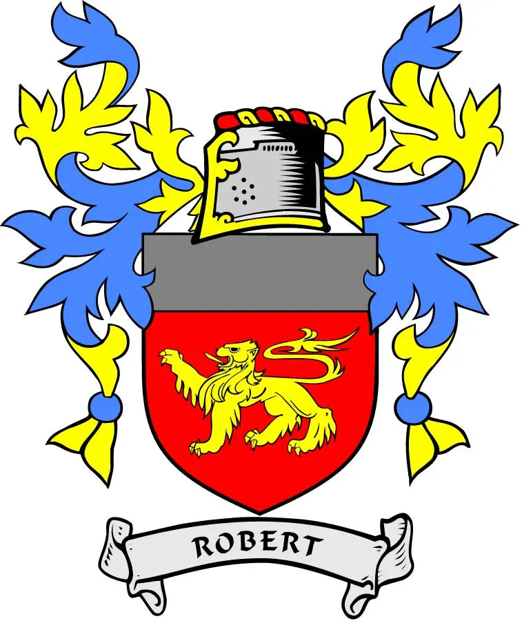Robert family crest pinback with red shield, yellow lion, blue flourishes, ribbon banner
