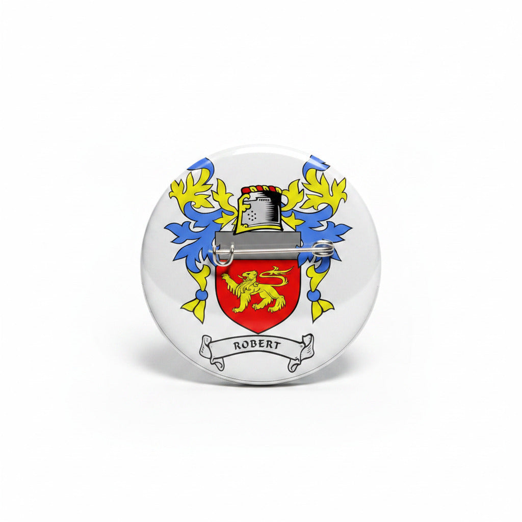 Robert family crest pinback with red shield, yellow lion, blue flourishes, ribbon banner