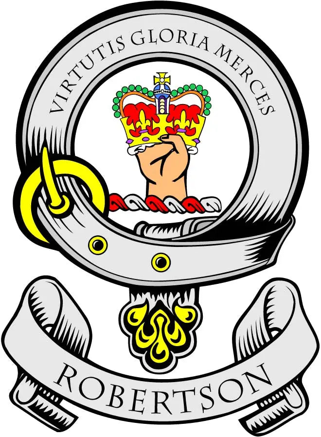 3-inch Robertson family crest coat-of-arms magnet: round emblem with crown and hand.