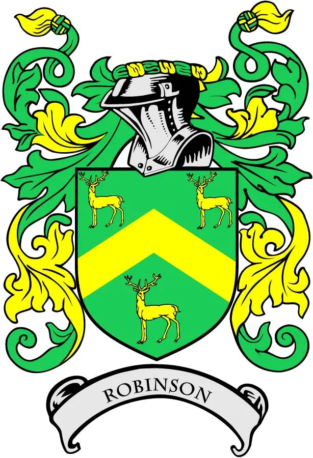 Robinson family crest arms magnet with green shield and arched ROBINSON banner