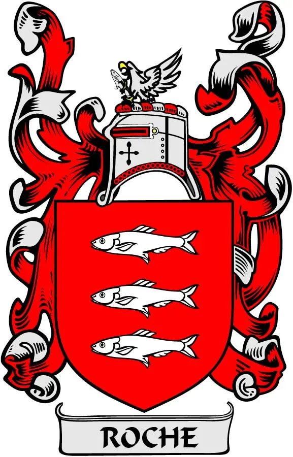 Roche family crest arms magnet, red shield with fish, winged helmet, ROCHE banner