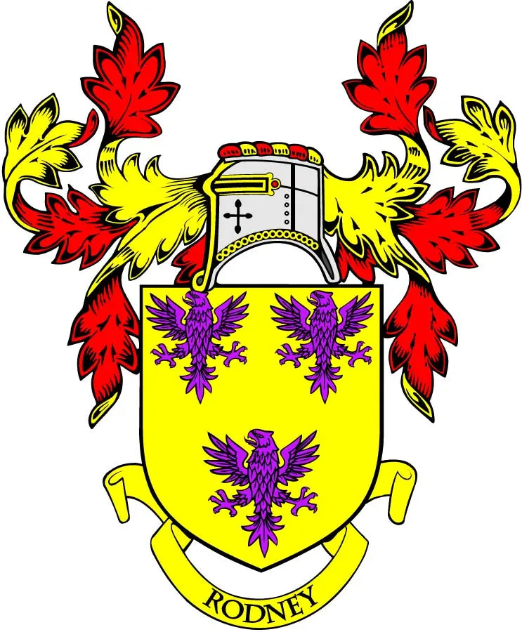 Heraldic crest pinback with yellow shield, purple branches, and 'RODNEY' banner