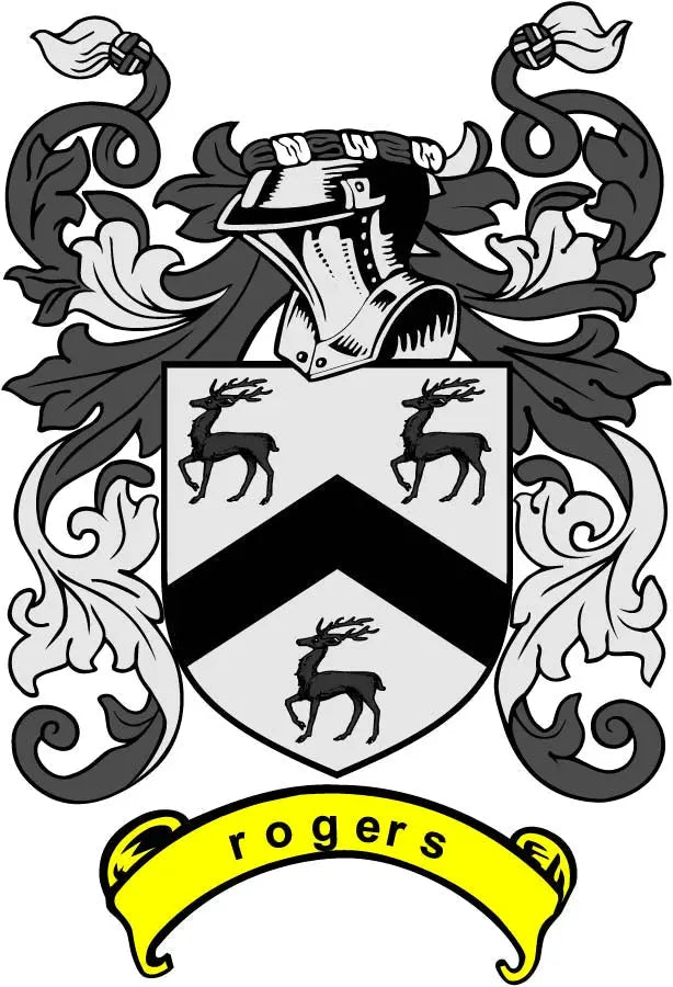 3-inch Rogers family crest coat arms magnet with black deer shield and gold ribbon banner