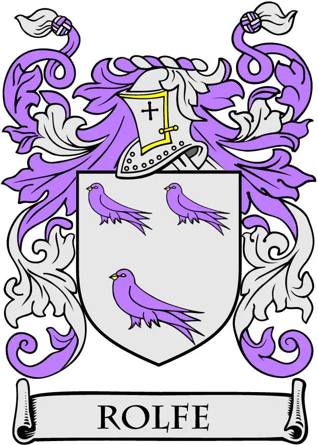 3-inch Rolfe family crest arms magnet with purple birds and shield marked cross