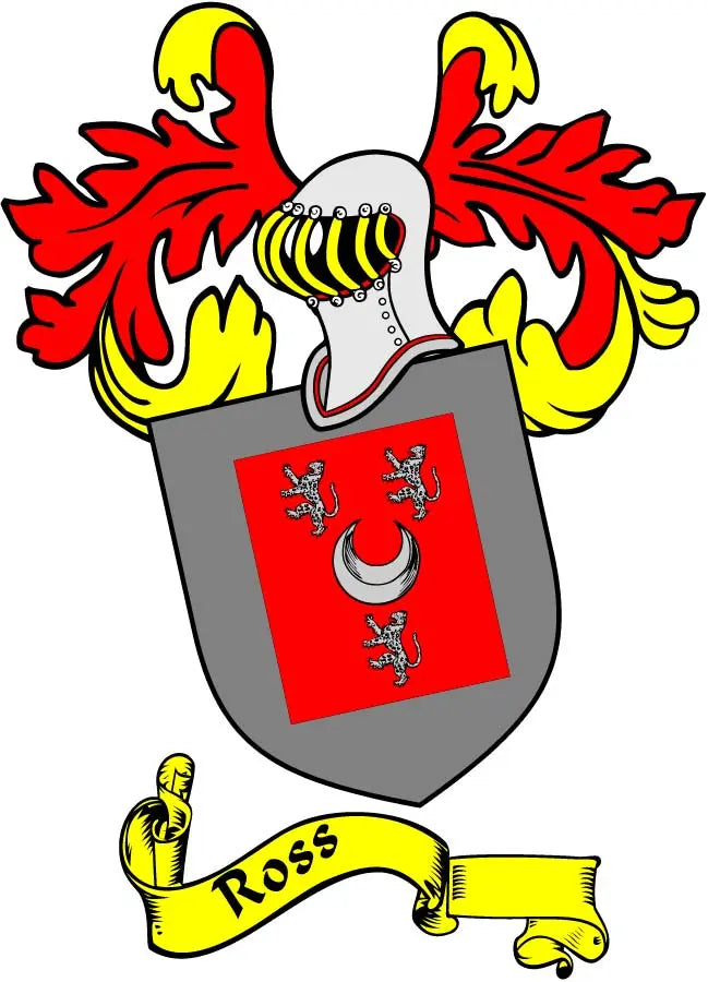 Family crest coat arms magnet with red shield and lion wreath on gray shield base