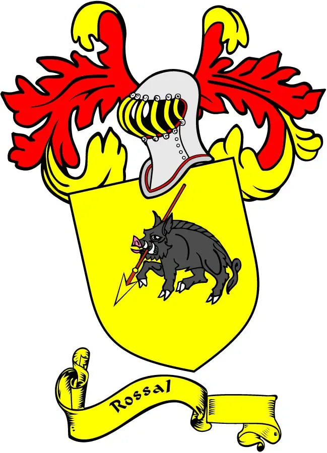 Rossal coat-of-arms magnet with yellow shield, red wings, black wolf, and banner