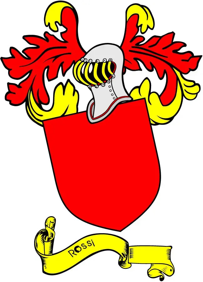 Rossi family crest arms magnet with red shield, yellow detailing, and white accents