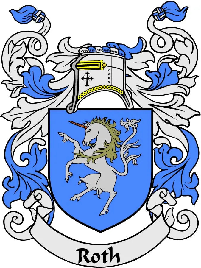 Roth family crest coat of arms pinback with blue shield and lion design