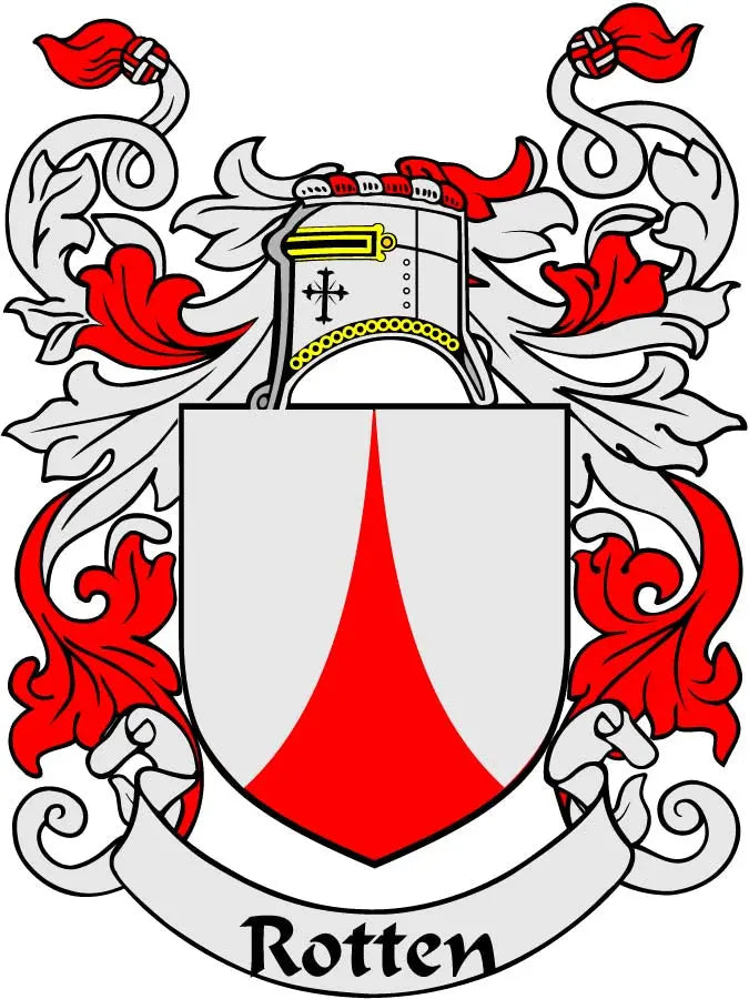 Coat of arms magnet with red-and-white shield and Rotten crest, ribbon top