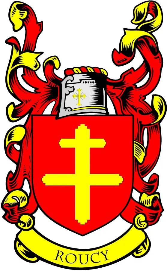 Roucy family crest coat of arms magnet, 3-inch red shield with gold cross and ribbon