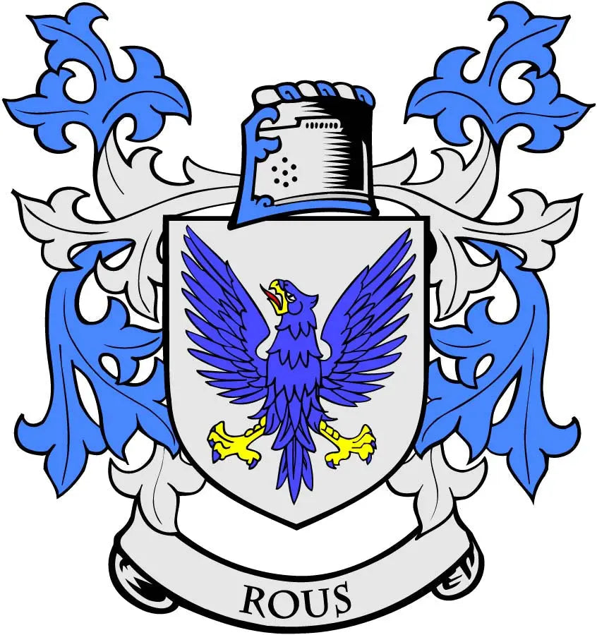Rous family crest pinback with blue-and-white shield, winged bird, and “ROUS” banner