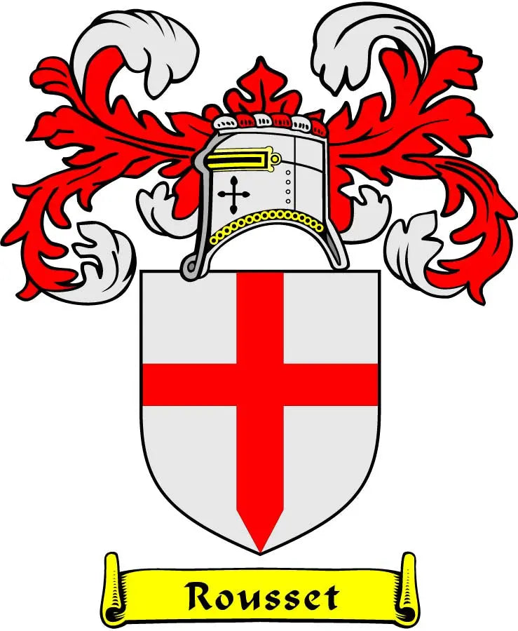 Rousset family crest coat arms magnet with red cross, lion figures, and flame border