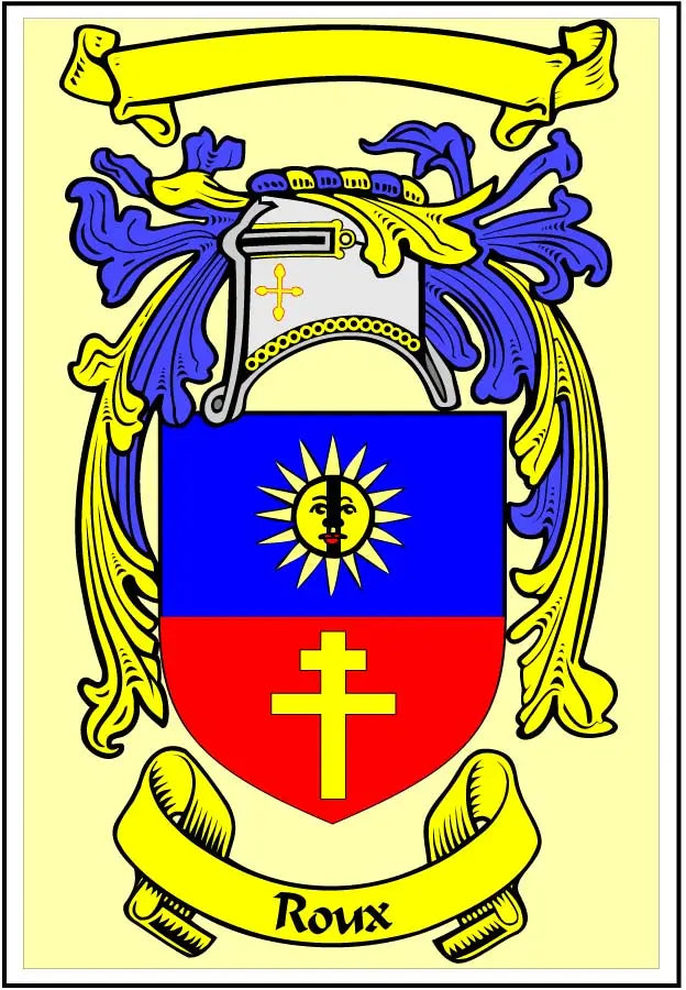 Roux family crest coat of arms magnet with blue and red shield and gold ornaments