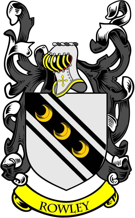 Rowley coat of arms magnet with shield, yellow trim, and banner reading ROWLEY