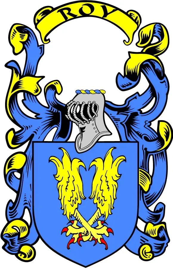 Heraldic family crest magnet with blue shield, yellow flames, helmet, and gold banner