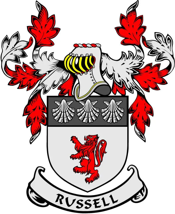 Family crest coat of arms pinback with red lion shield and RUSSELL banner