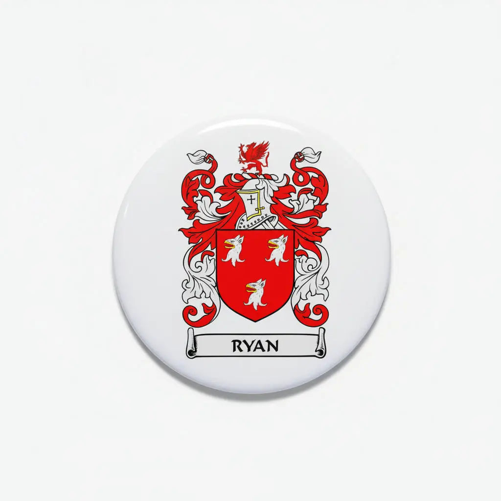 Round Ryan family crest coat of arms magnet, red and black shield on white, 3-inch