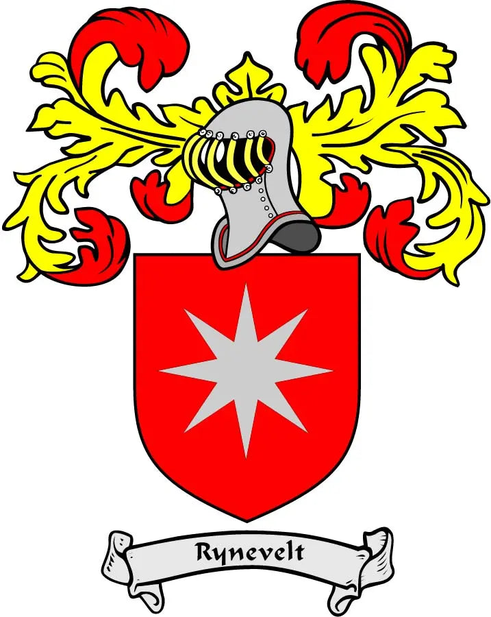Family crest coat of arms magnet with red shield, white star, and Rynevelt ribbon arms