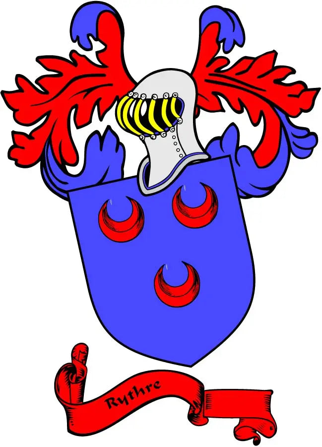 3-inch family crest coat-of-arms magnet with blue shield, red flames, and Rythre banner