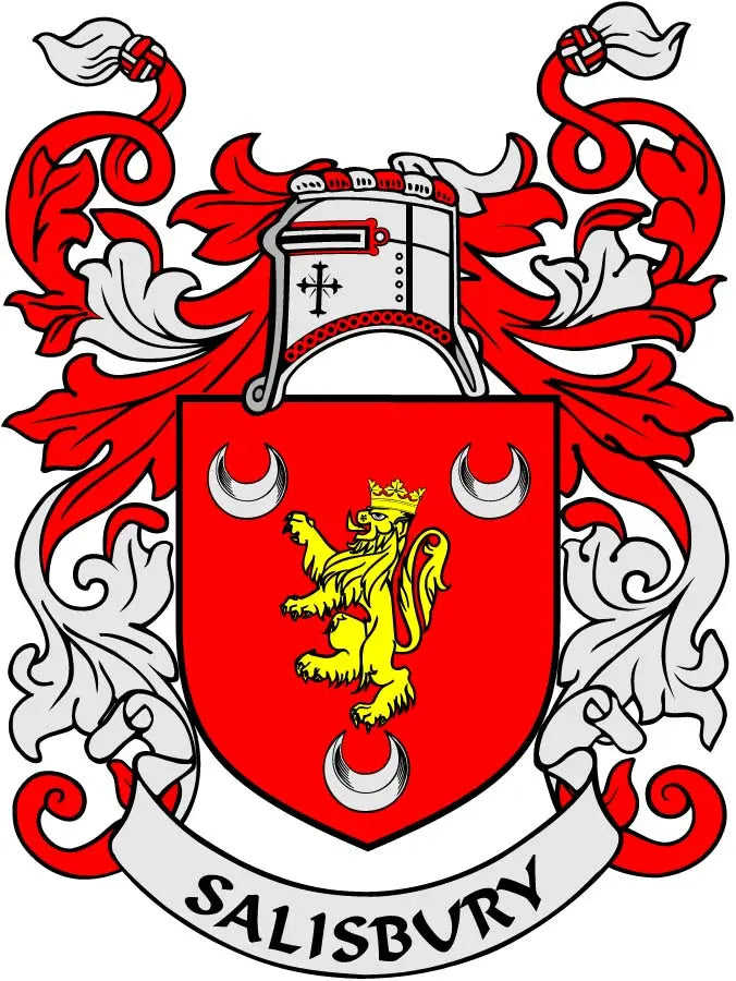 Salisbury family crest arms magnet: red shield with lion, flames, white banner text