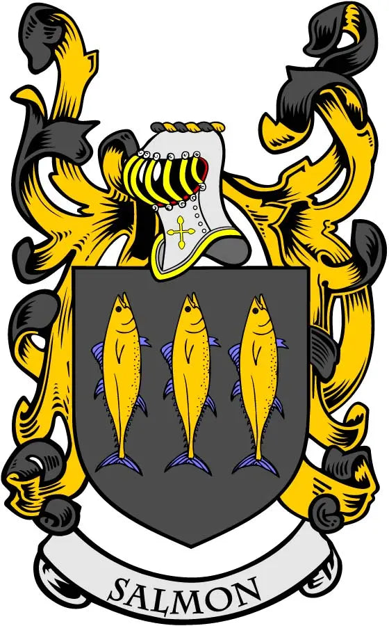 Family crest coat of arms magnet with yellow-and-black lion figures and a SALMON banner
