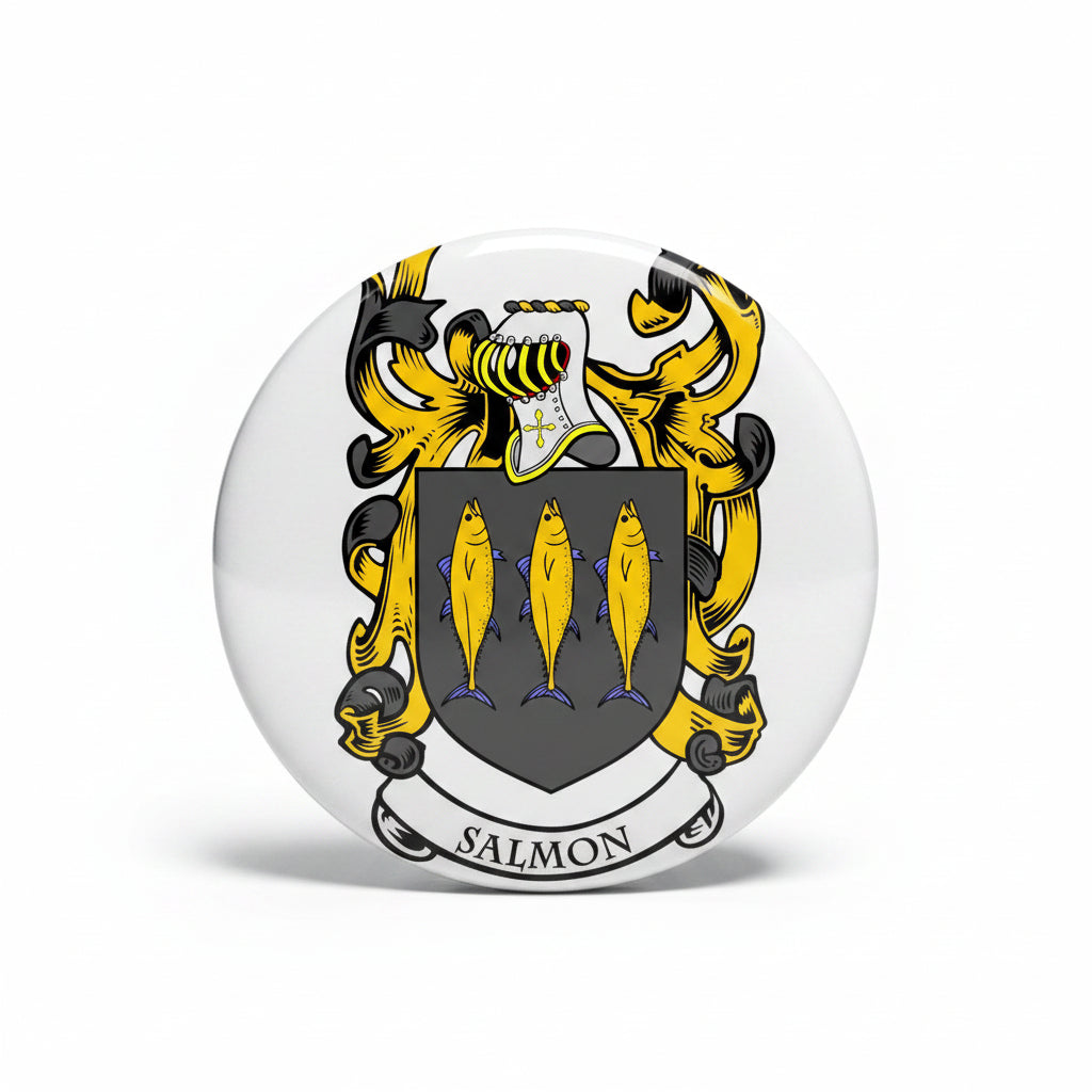 Salmon family crest enamel pin with black and gold shield, banner reading SALMON