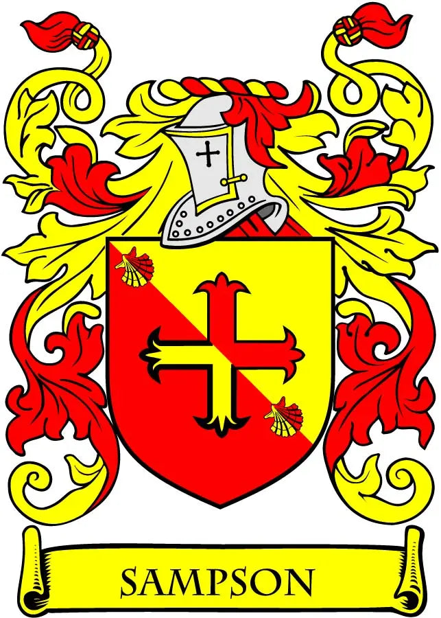 Family crest coat of arms magnet: red shield with cross, gold wings, ribbon text “SAMpson”