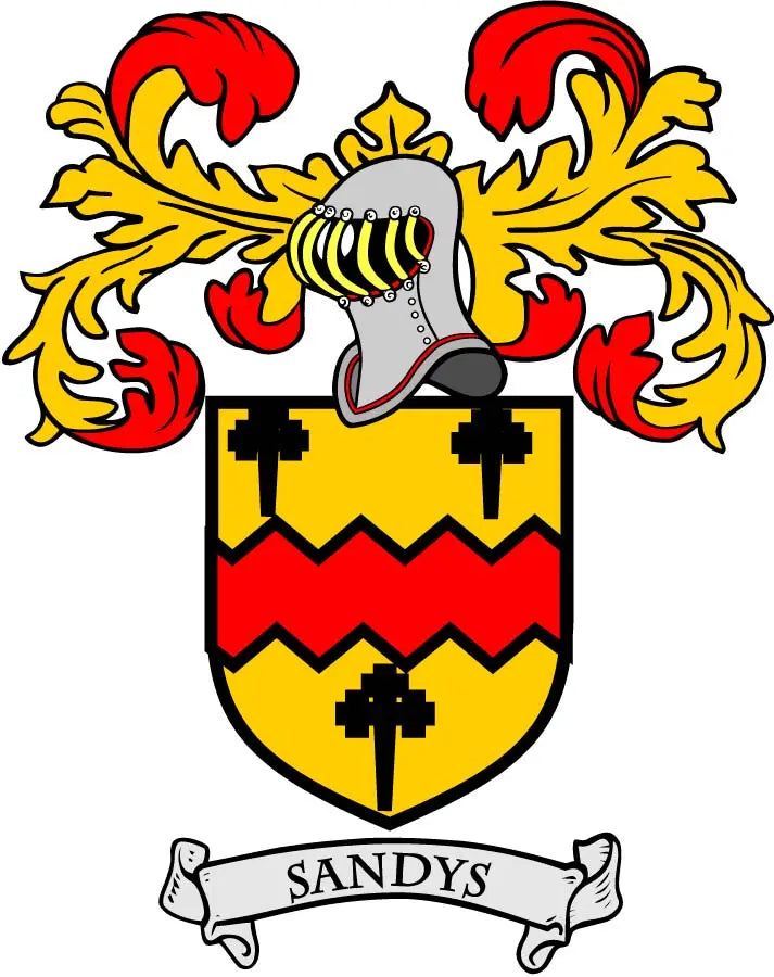 3-inch family crest coat of arms magnet with SANDYS banner and red-yellow shield