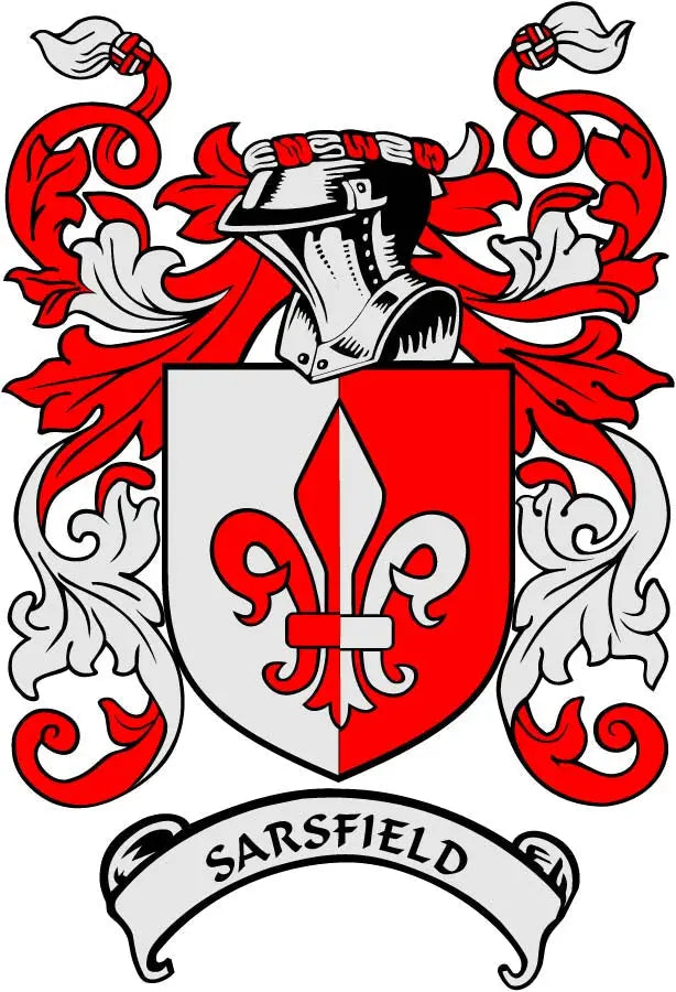 Sarsfield coat of arms pinback badge, red-and-white shield with fleur-de-lis and banner