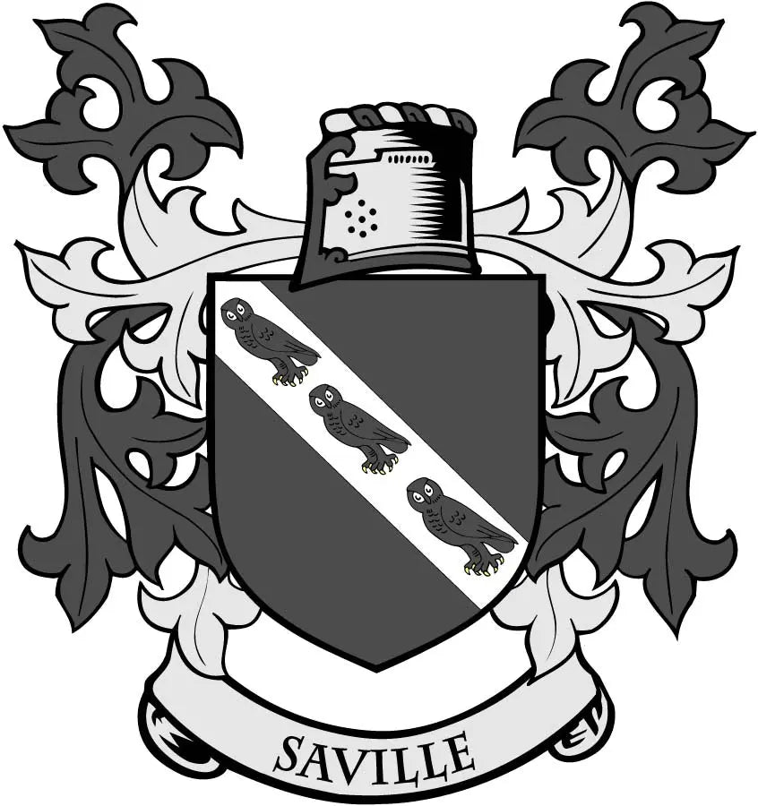 Saville coat of arms magnet with dark shield, three lizard figures, SAVILLE banner