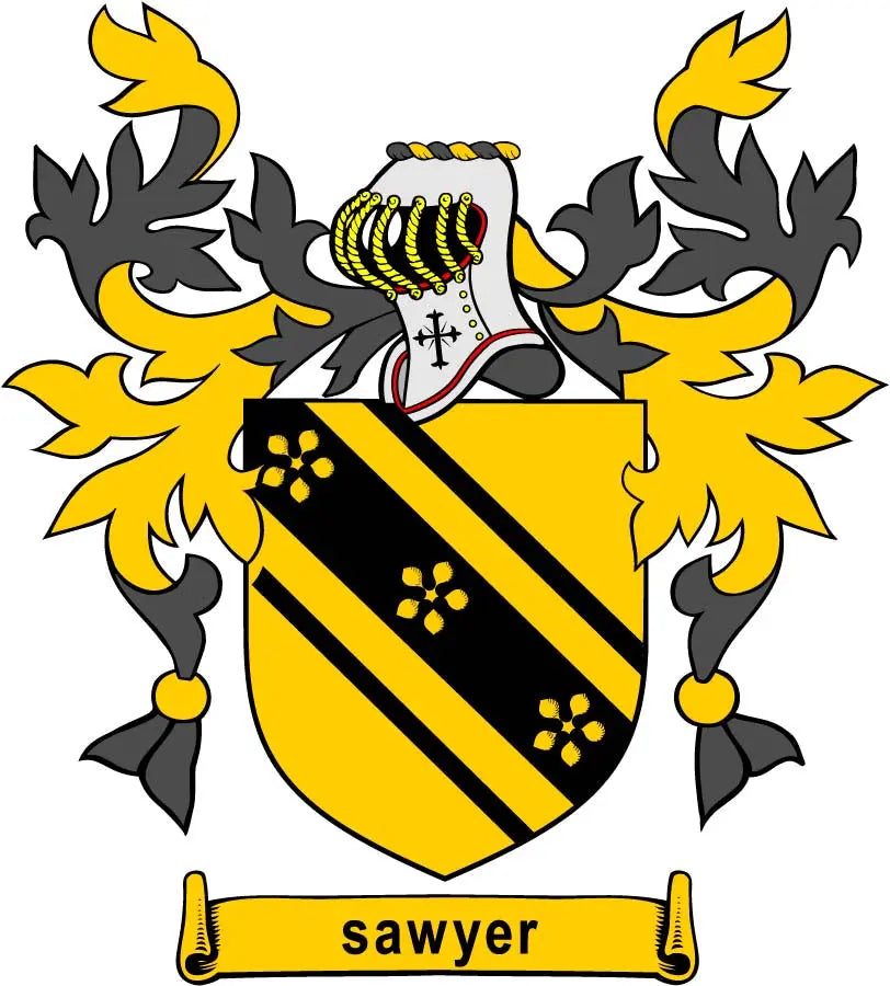Sawyer family crest coat of arms pinback with yellow and black shield and ribbon banner