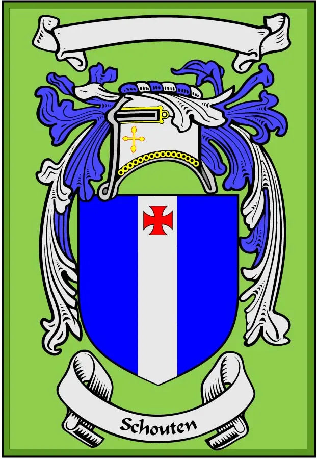 Schouten family crest coat of arms magnet with blue-and-white shield and red cross