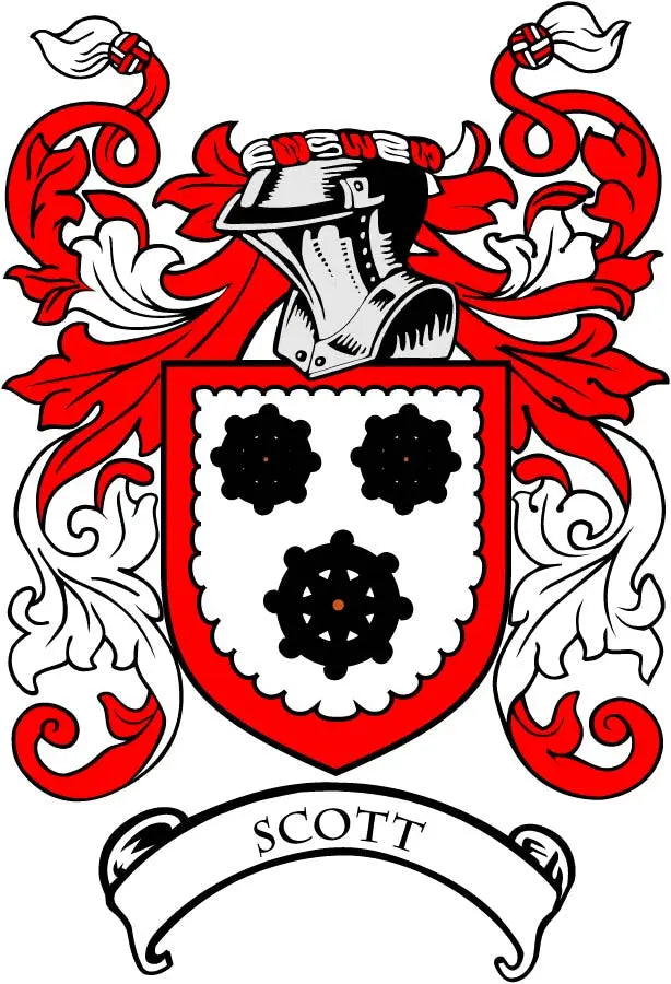 Heraldic family crest magnet with red, white, and black shield and SCOTT banner