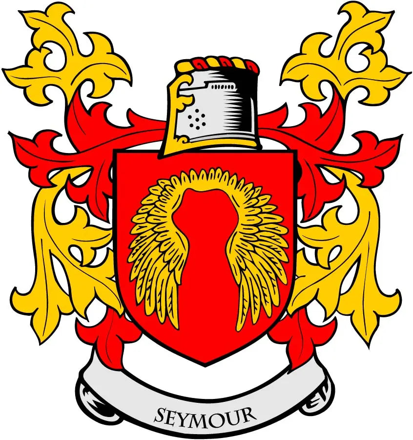 Seymour family crest arms magnet with red, gold shield and winged silhouette