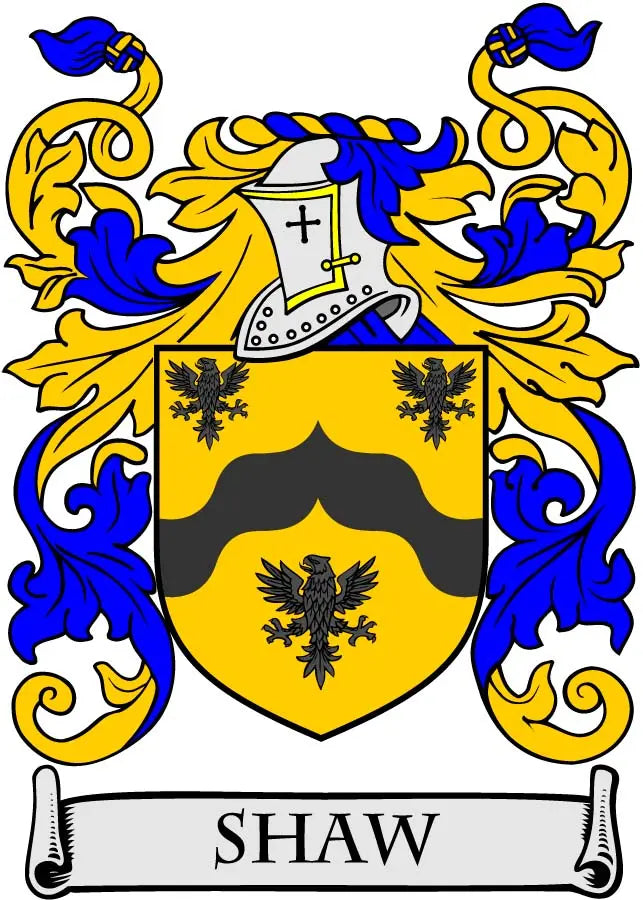 Shaw family crest coat of arms arms magnet with blue and gold shield and SHAW banner