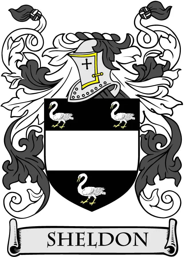 Sheldon family crest arms magnet with shield, birds, and SHELDON banner