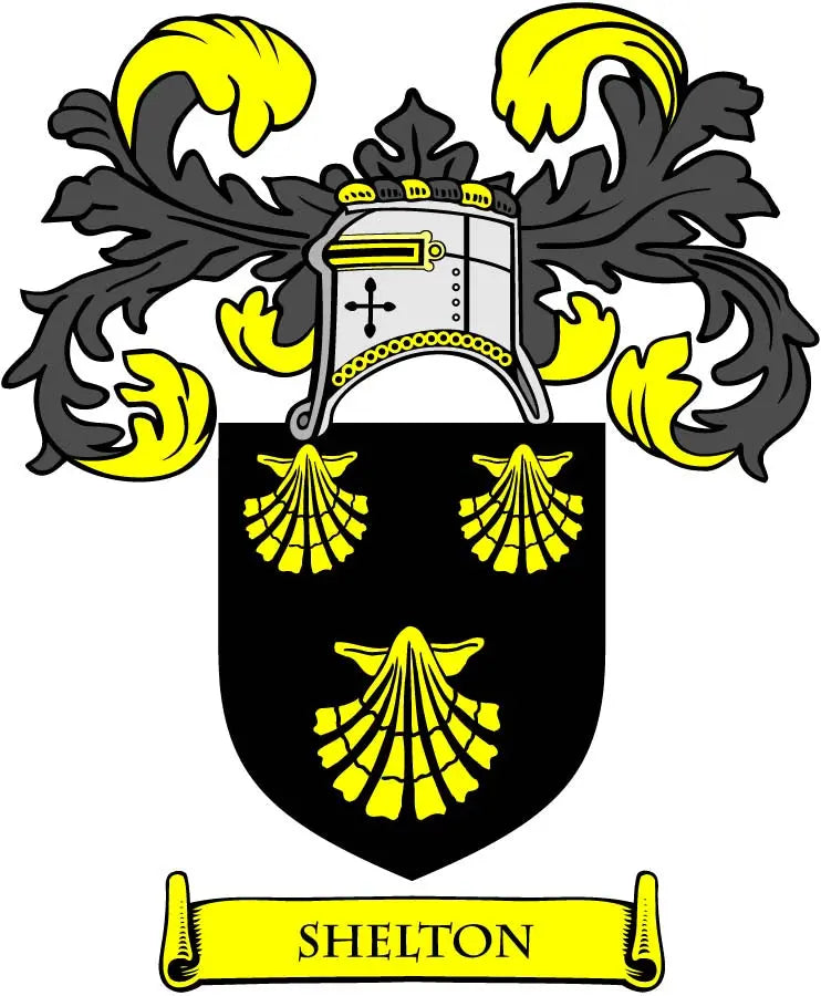 3-inch family crest coat of arms magnet with black shield, yellow flames, and SHELTON text