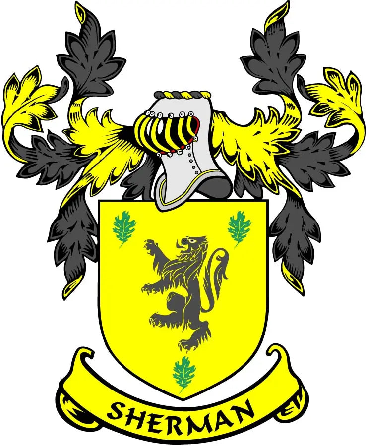 Yellow family crest coat of arms magnet with lion, green leaves, and SHERMAN ribbon
