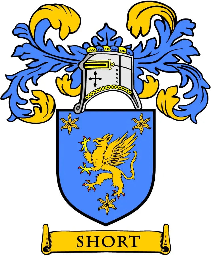 Family crest shield badge with blue lions, yellow border, and ribbon text 'SHORT'