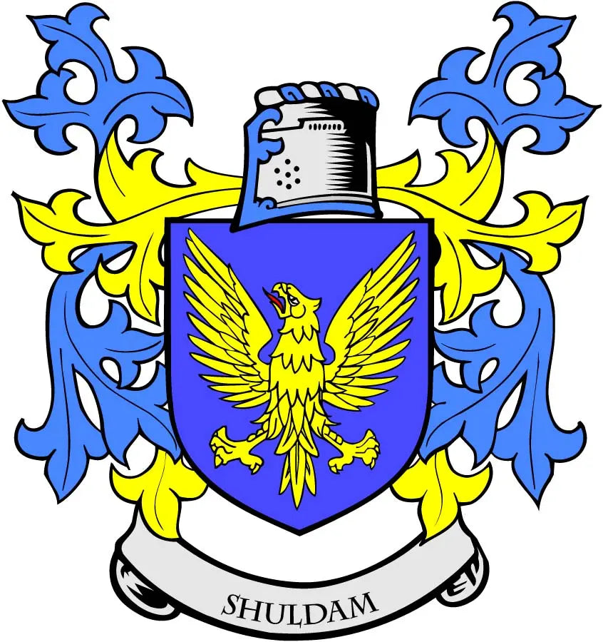 Family crest coat arms magnet, blue shield with golden winged lion and banner
