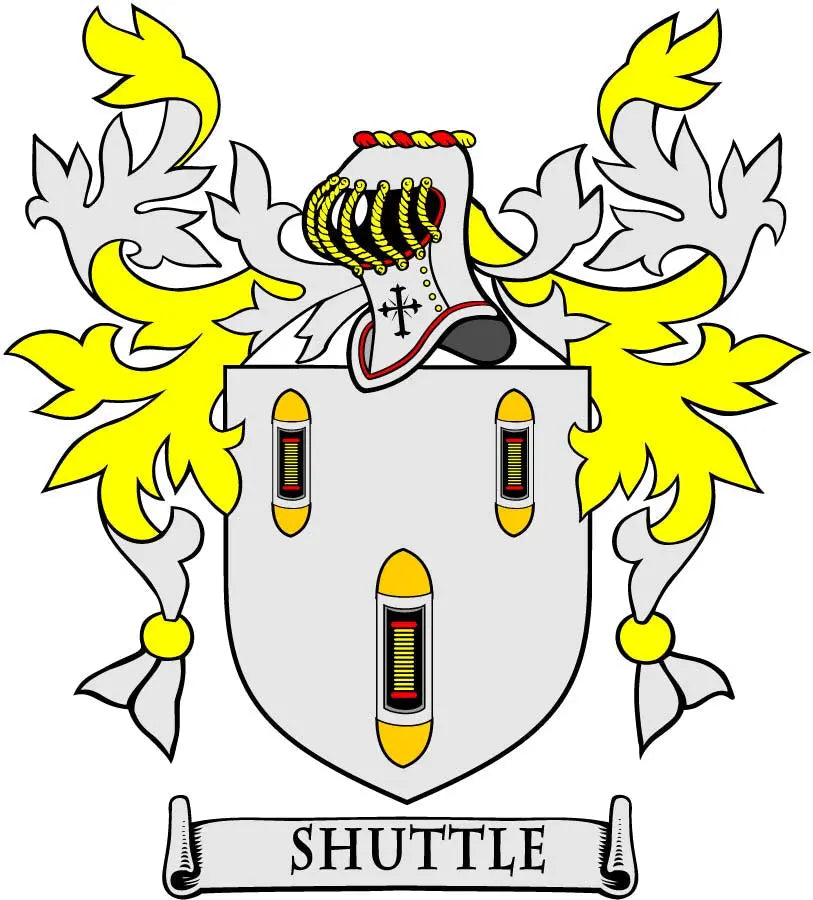 Heraldic family crest magnet with yellow shield, red details, and banner reading SHUTTLE
