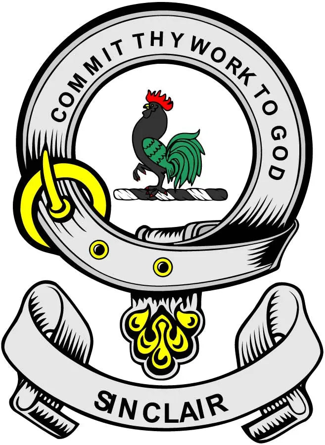 Sinclair family crest coat arms magnet, round seal with rooster and SINCLAIR text