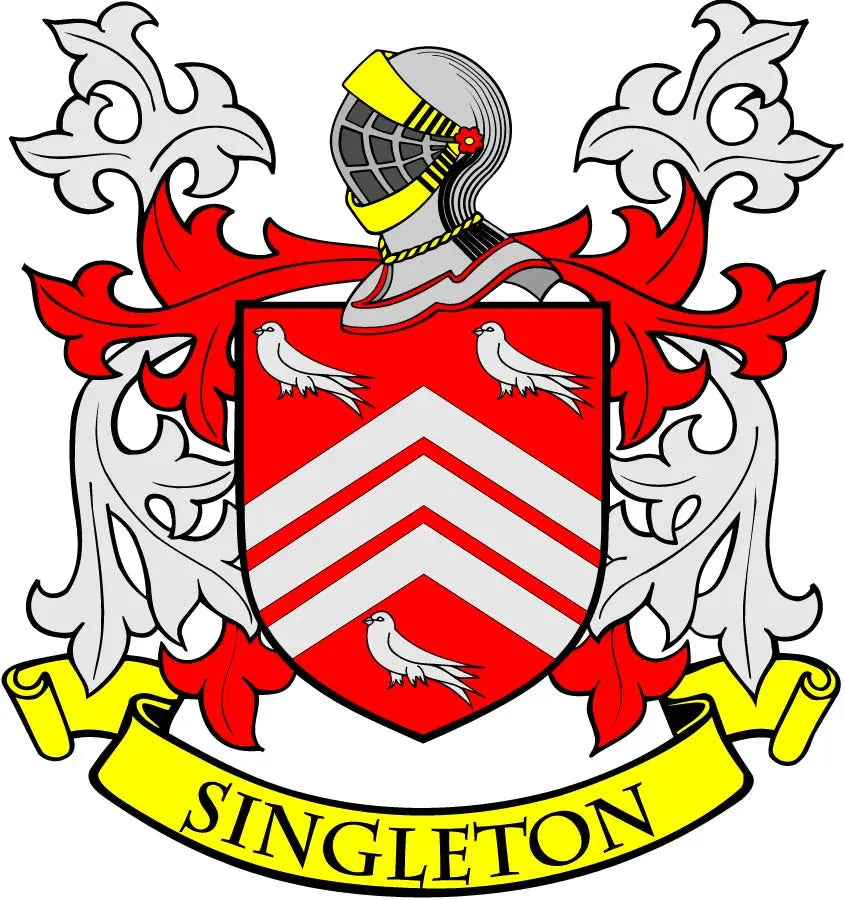 Singleton family crest arms magnet: red-and-white shield with helmet and banner, 3-inch