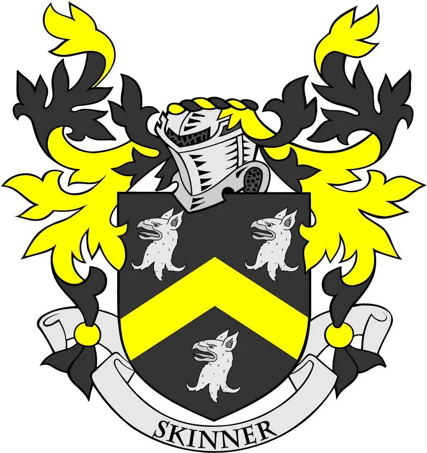 Coat of arms magnet with black, yellow, and gray shield, lions, and “SKINNER” banner