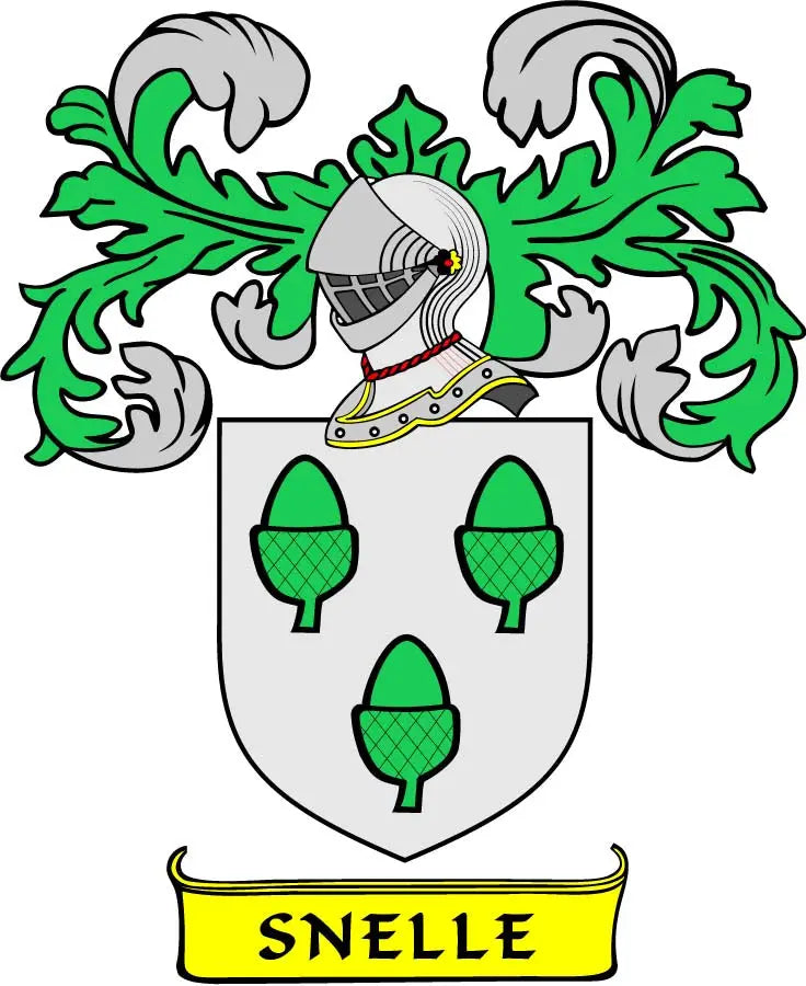 Green and white family crest arms magnet with shield and SNELLE banner