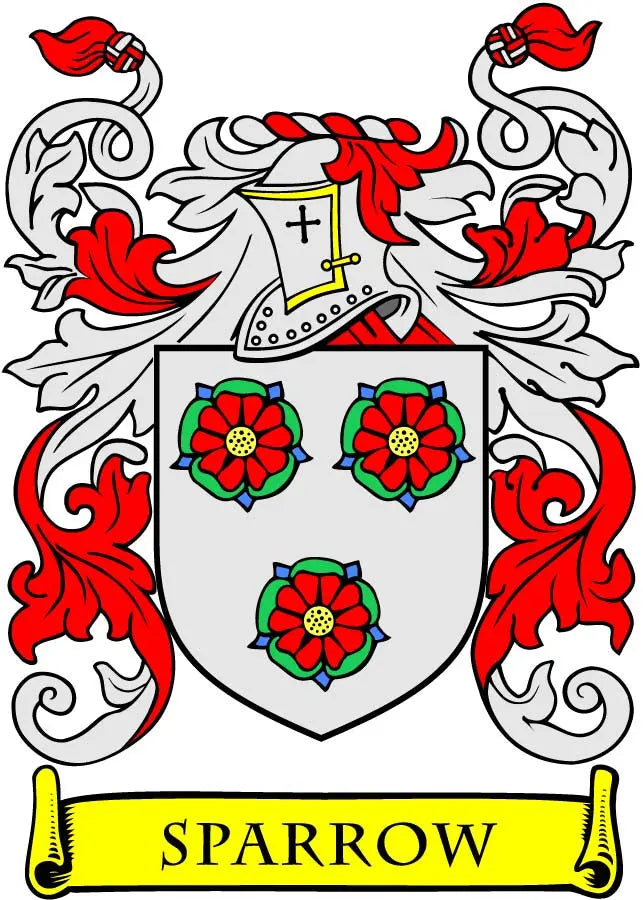 3-inch Sparrow family crest coat arms magnet with shield, red flowers, and scroll banner