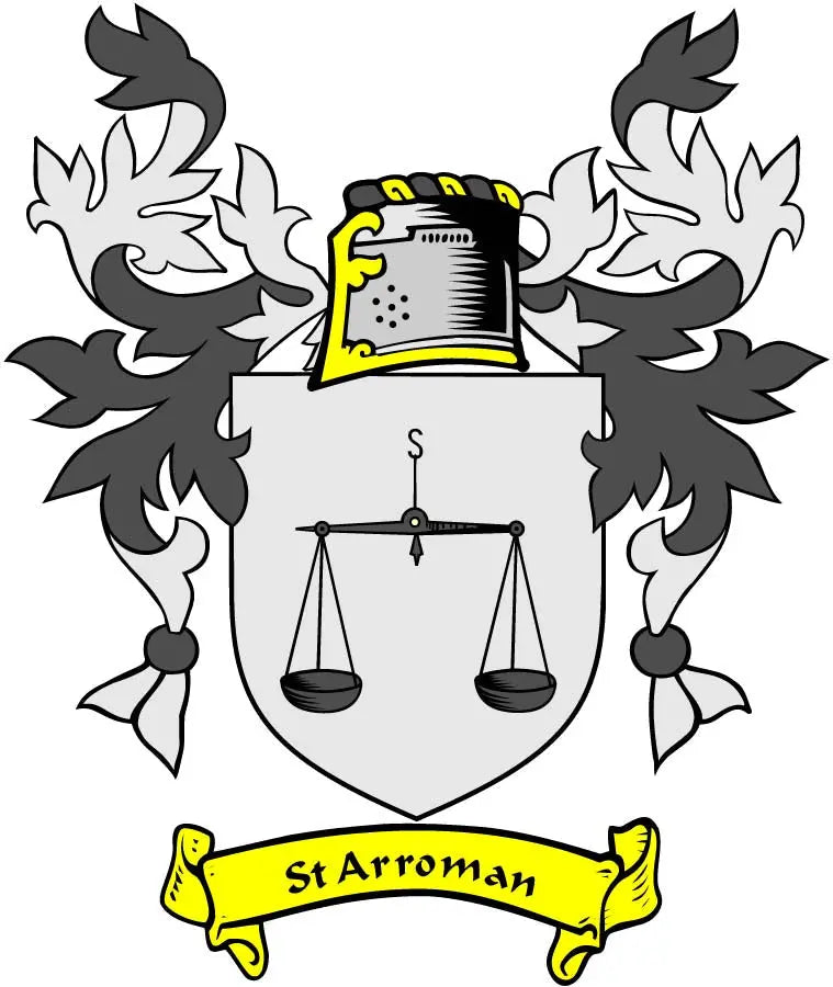 St Arroman family crest pinback: yellow-and-white shield with scales and ribbon banner